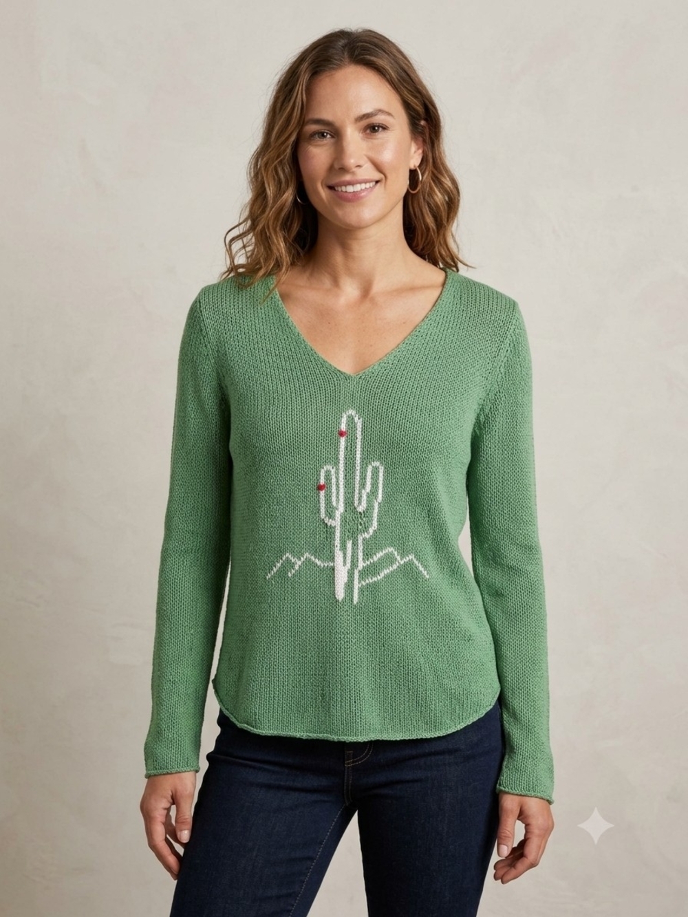 Wooden Ships Sage Green V-Neck Cactus Knit Sweater